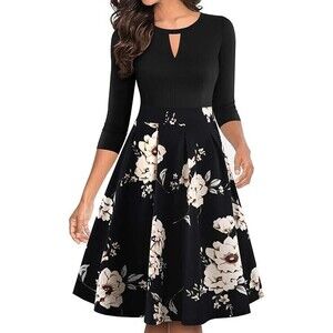 YATHON Vintage Floral Dress Flared A Line Swing Skirt Black Size XL New NWT